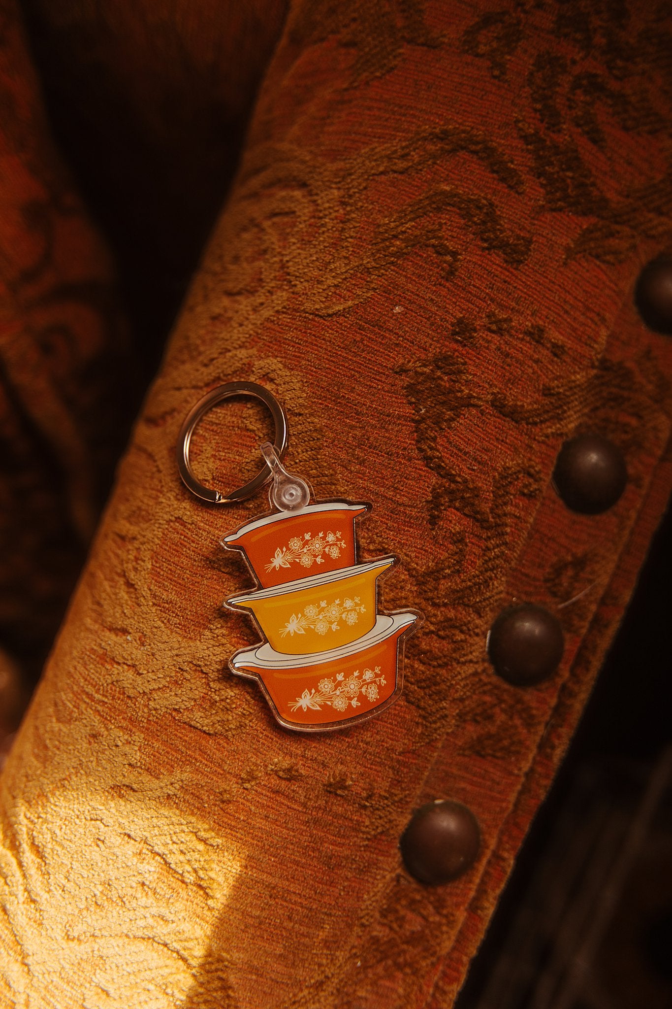 Vintage Gold Butterfly Pyrex Casserole Dish Keychain