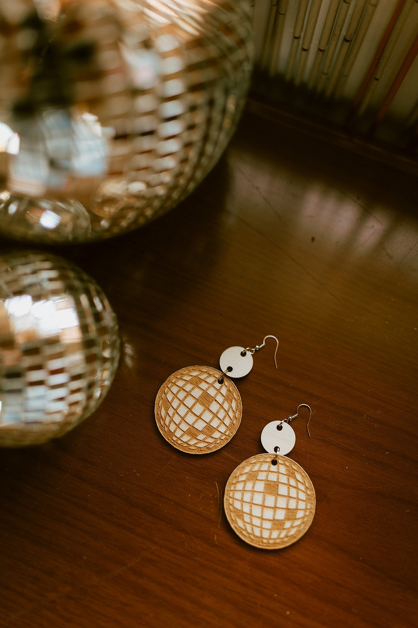 Disco Ball Wood Earrings