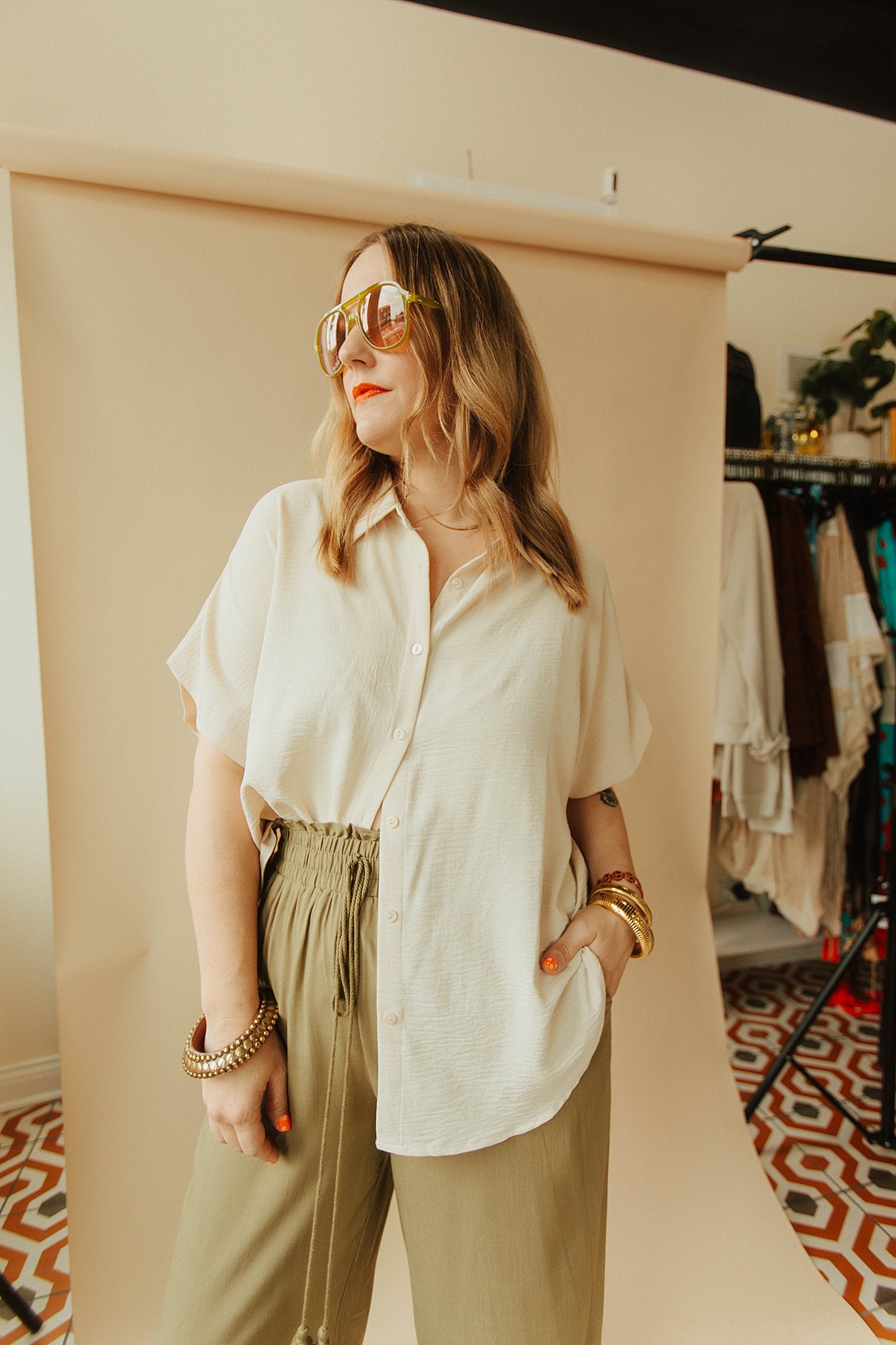 Sweet Simplicity Button Down Blouse in Oatmeal