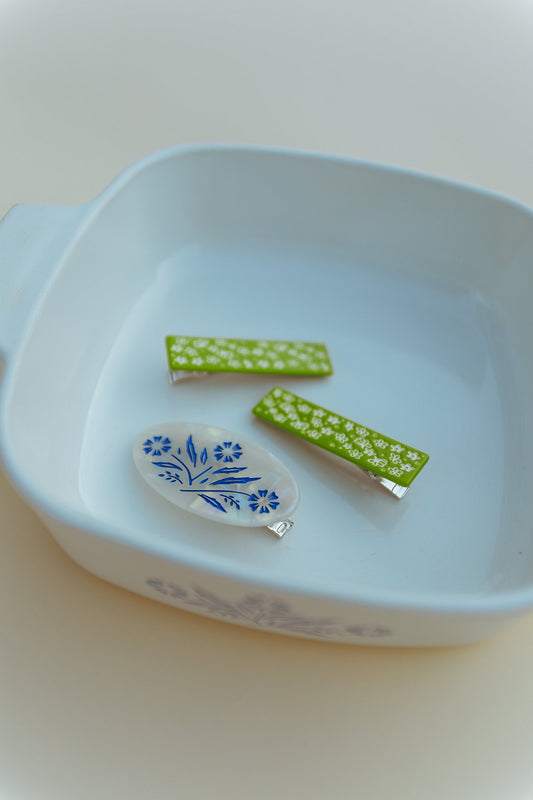 Green Retro Floral Hair Clip Set