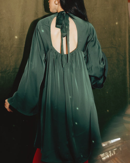 Tinsel Green Satin Butterfly Sleeve Dress