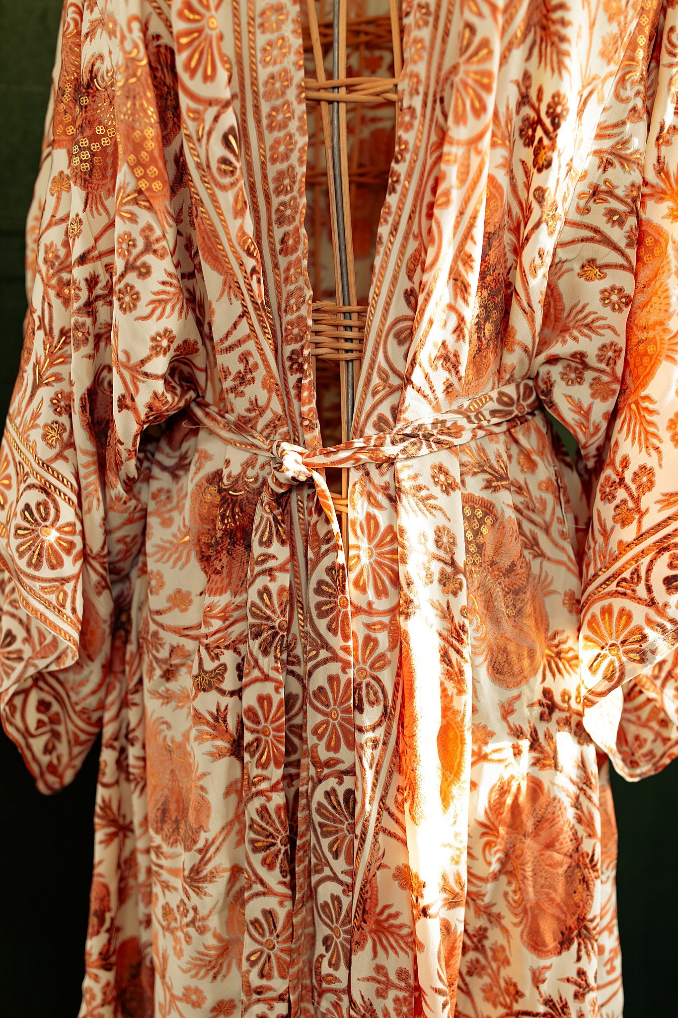 Silk Bohemian Style Long Kimono in Brown