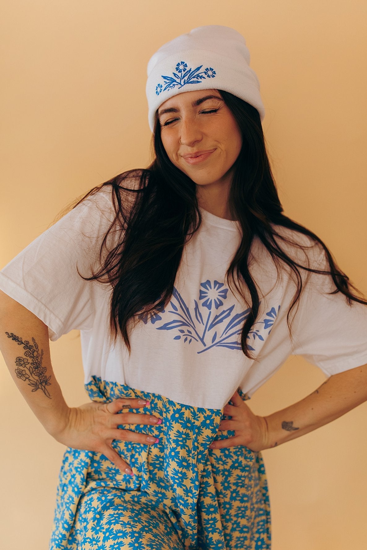 Retro Blue Floral Beanie