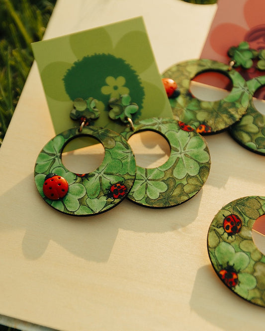 Ladybug Vintage Fabric Wood Earrings