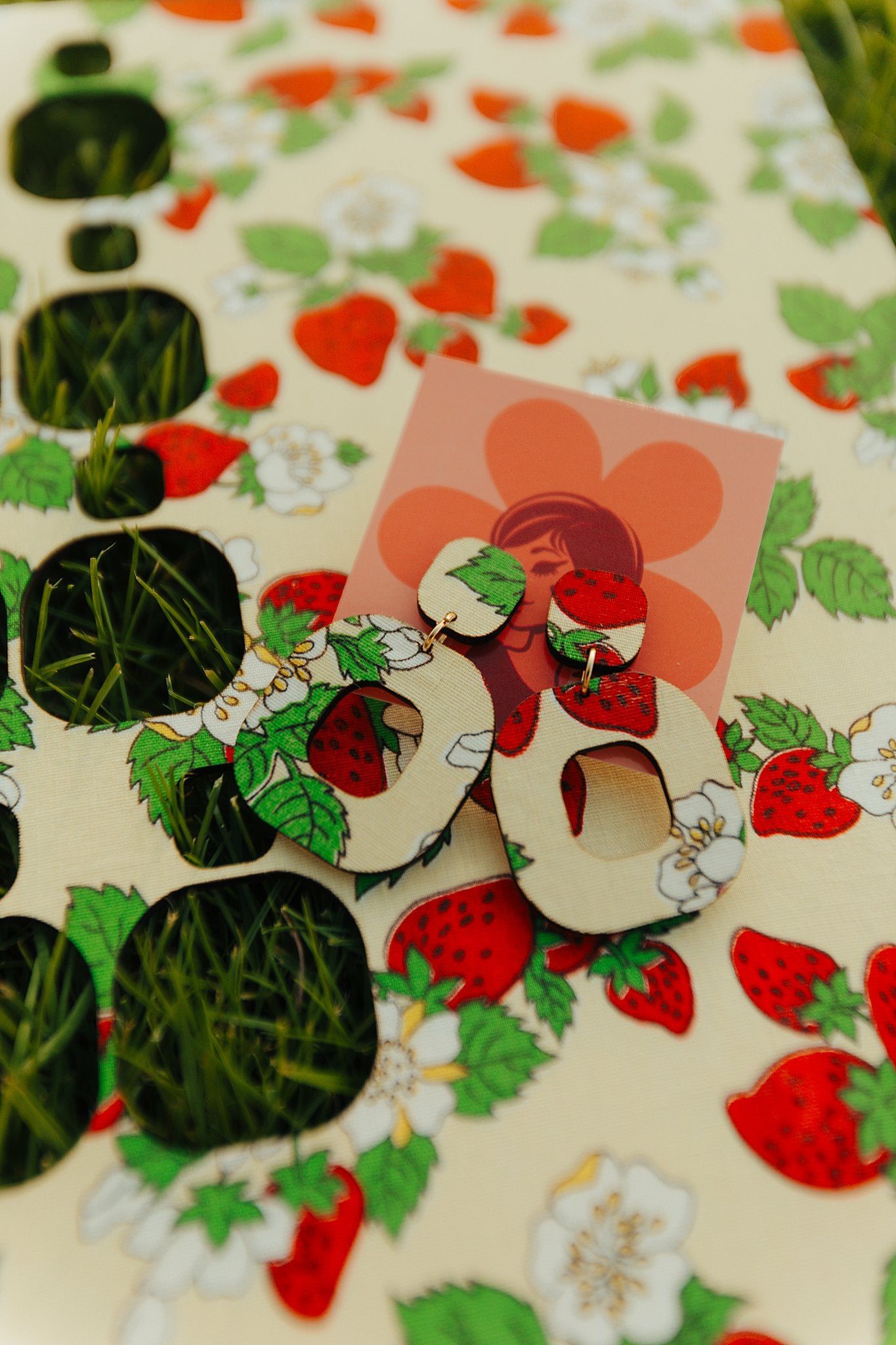 Strawberry Vintage Fabric Wood Earrings