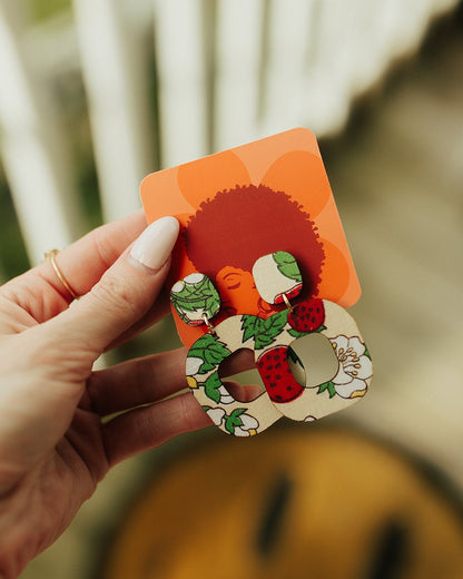 Strawberry Vintage Fabric Wood Earrings