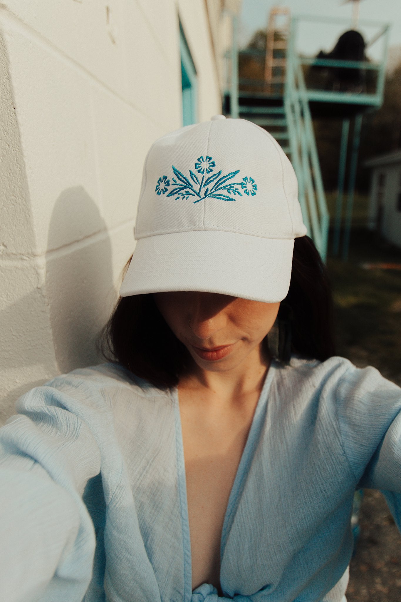 Blue Floral Embroidered Cap