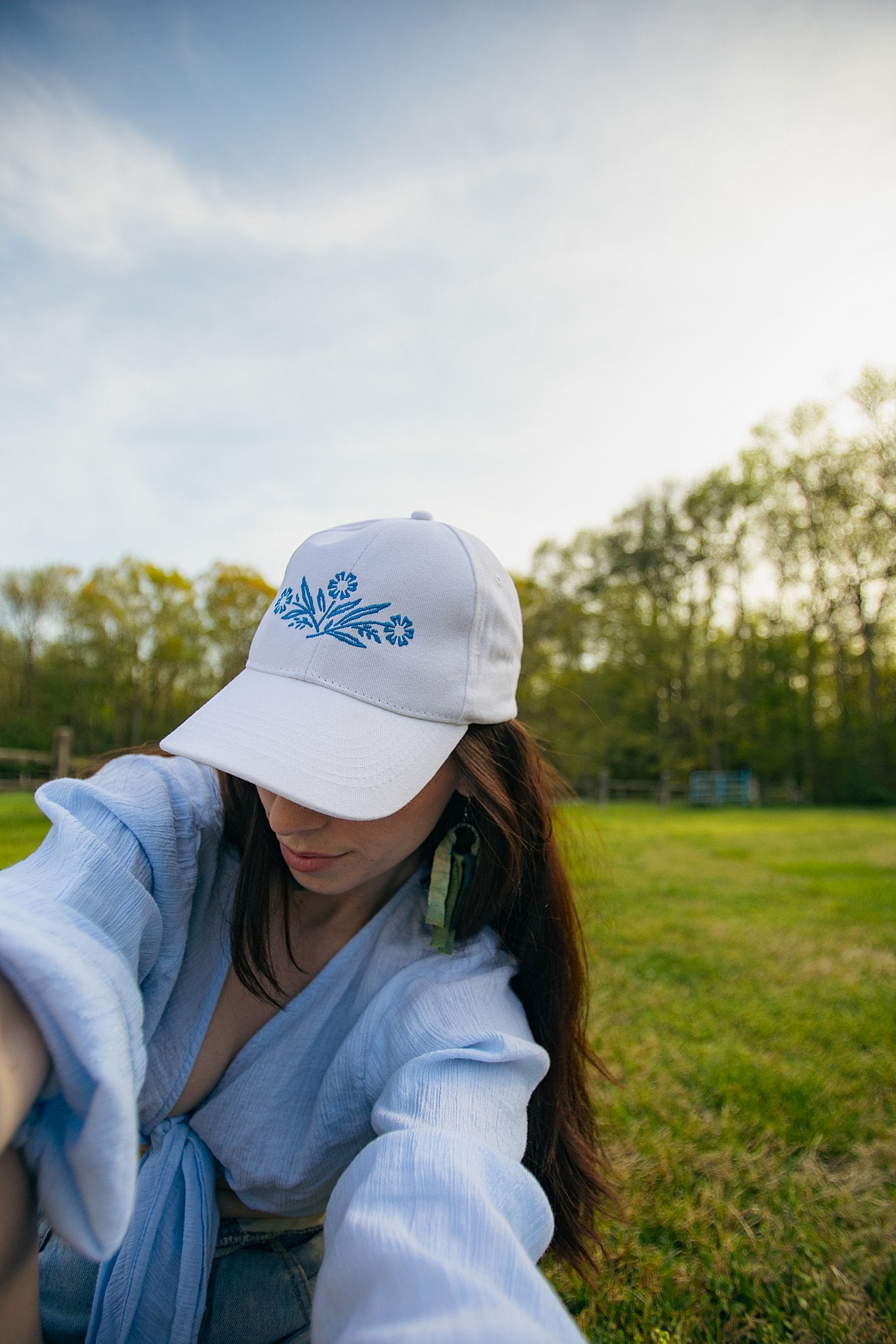 Blue Floral Embroidered Cap