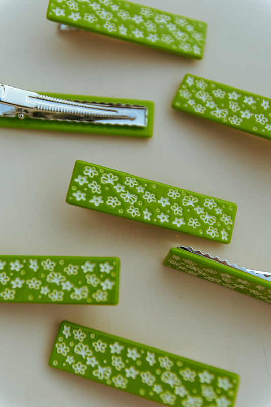 Green Retro Floral Hair Clip Set