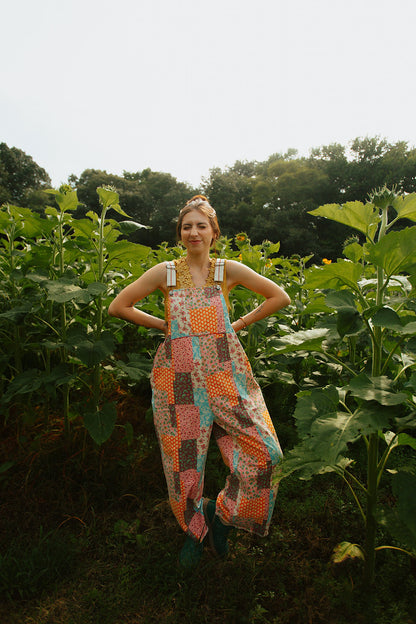 Patchwork Print Overalls Oversized
