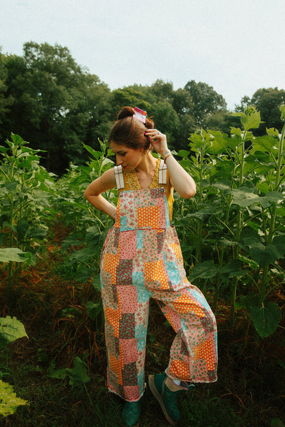 Patchwork Print Overalls Oversized