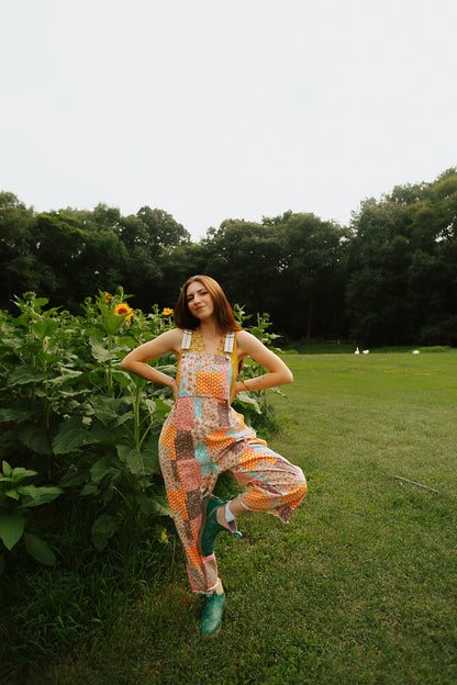 Patchwork Print Overalls Oversized