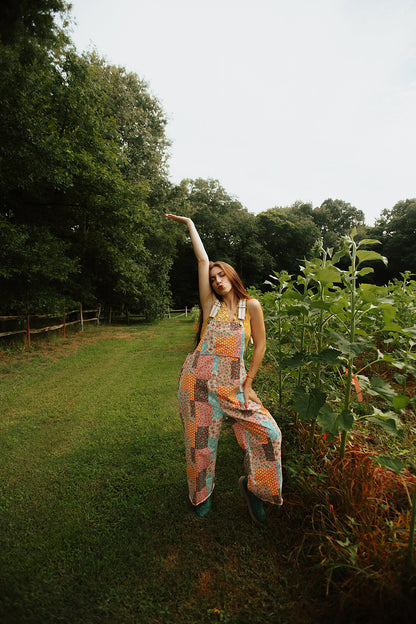 Patchwork Print Overalls Oversized
