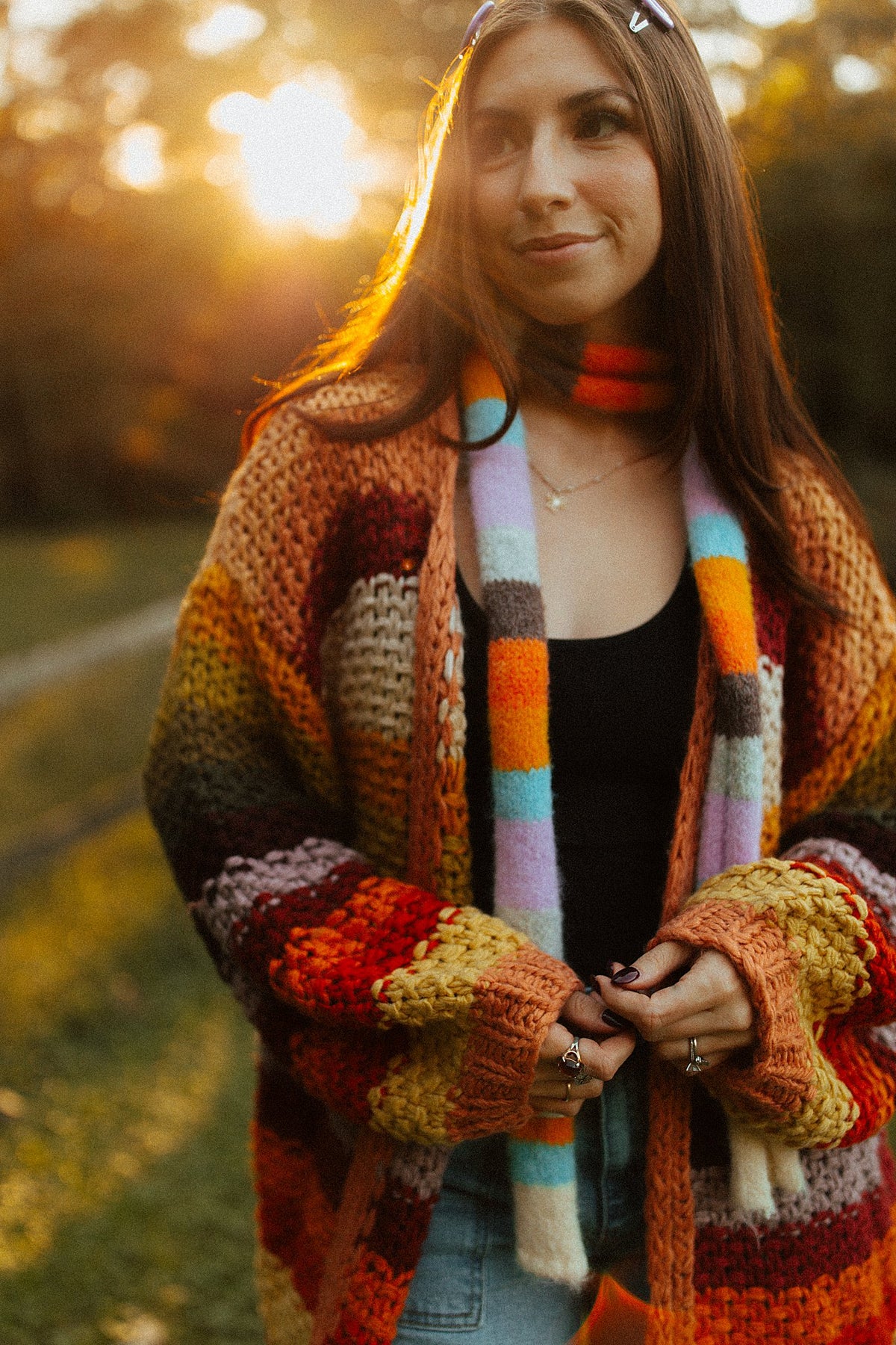Stripe Fuzzy Knit Skinny Scarf Retro