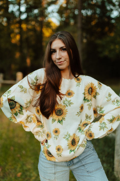 Plus Size Sunflower Print Knit Sweater