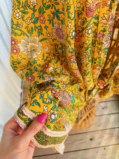 Floral Front Tie Kimono Yellow