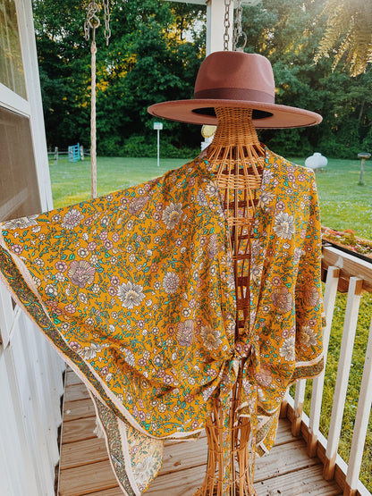 Floral Front Tie Kimono Yellow