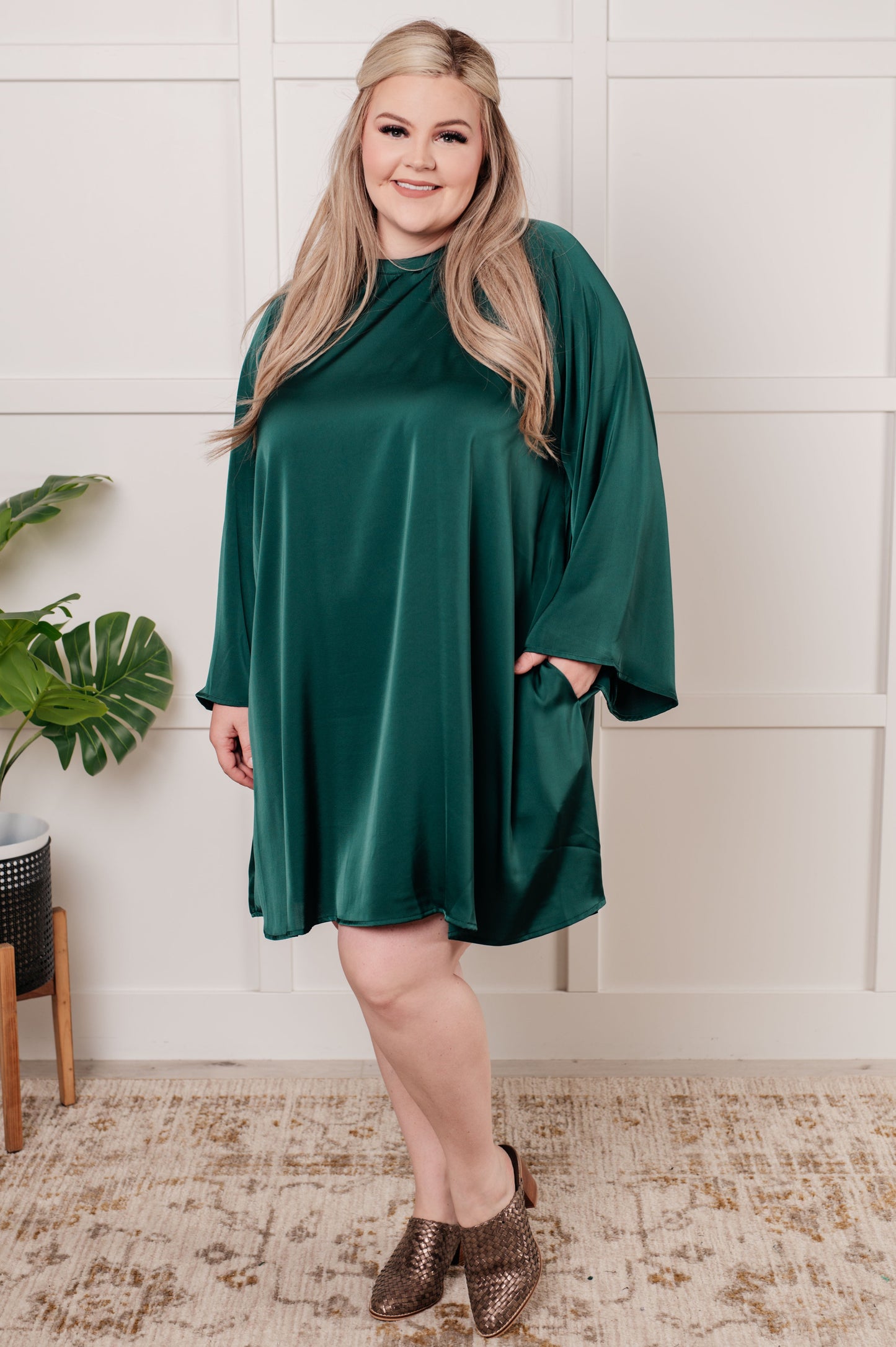 Tinsel Green Satin Butterfly Sleeve Dress