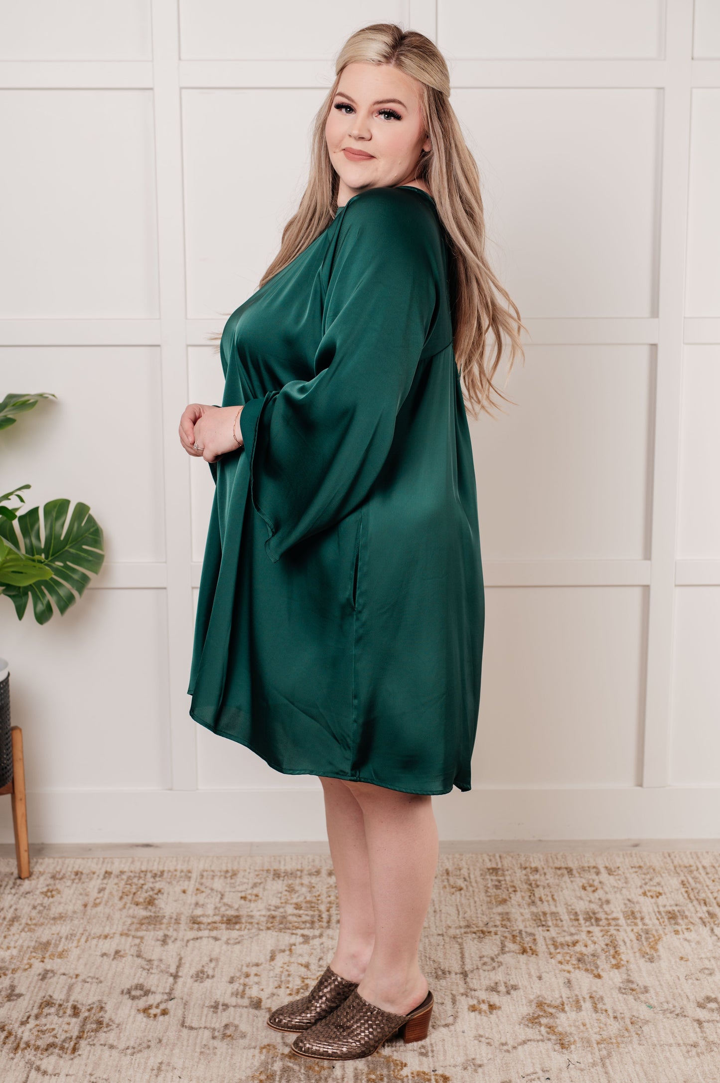 Tinsel Green Satin Butterfly Sleeve Dress